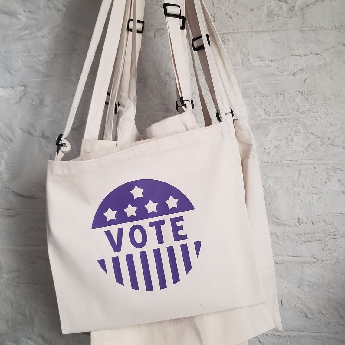 Vote Canvas Tote Messenger Bag Adjustable Shoulder Strap Etsy