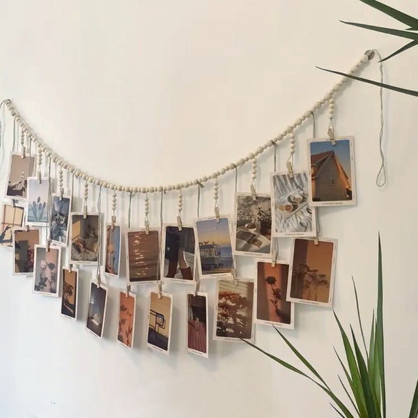 Boho Hanging Photo Frame Boho Wood Beads with Clips