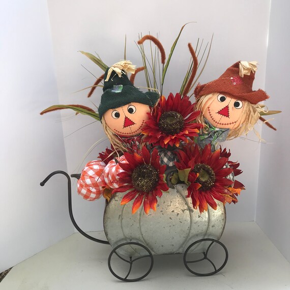 Scarecrow Pumpkin Floral Arrangement Wagon Artificial Flower Etsy