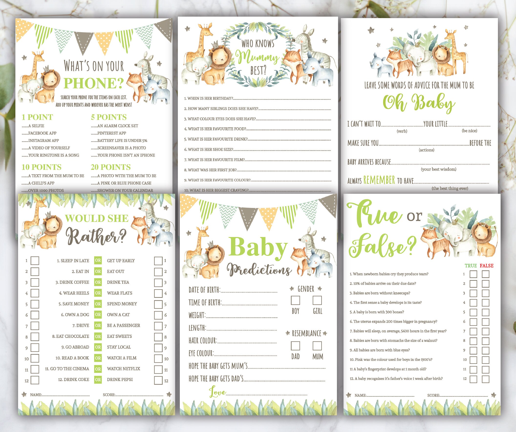 Jungle Animal BABY SHOWER GAMES • Unisex Baby Shower Prediction Cards…
