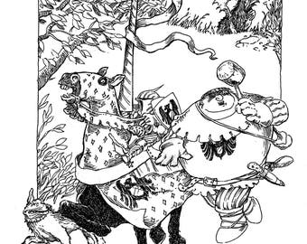 Puede incluir: Una ilustración en blanco y negro de un caballero montando un caballo, sosteniendo un martillo. El caballero lleva armadura y casco. El caballo lleva una silla de montar y una brida. El caballero está cabalgando por un bosque. Hay un pájaro en el fondo.