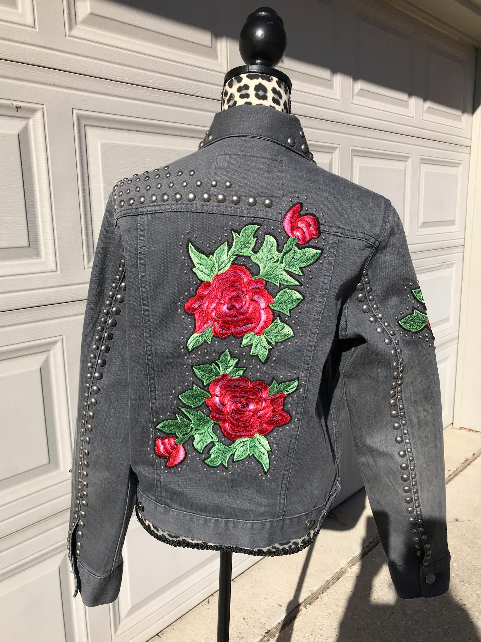 Charcoal Denim Jacket with embroidered red roses Etsy
