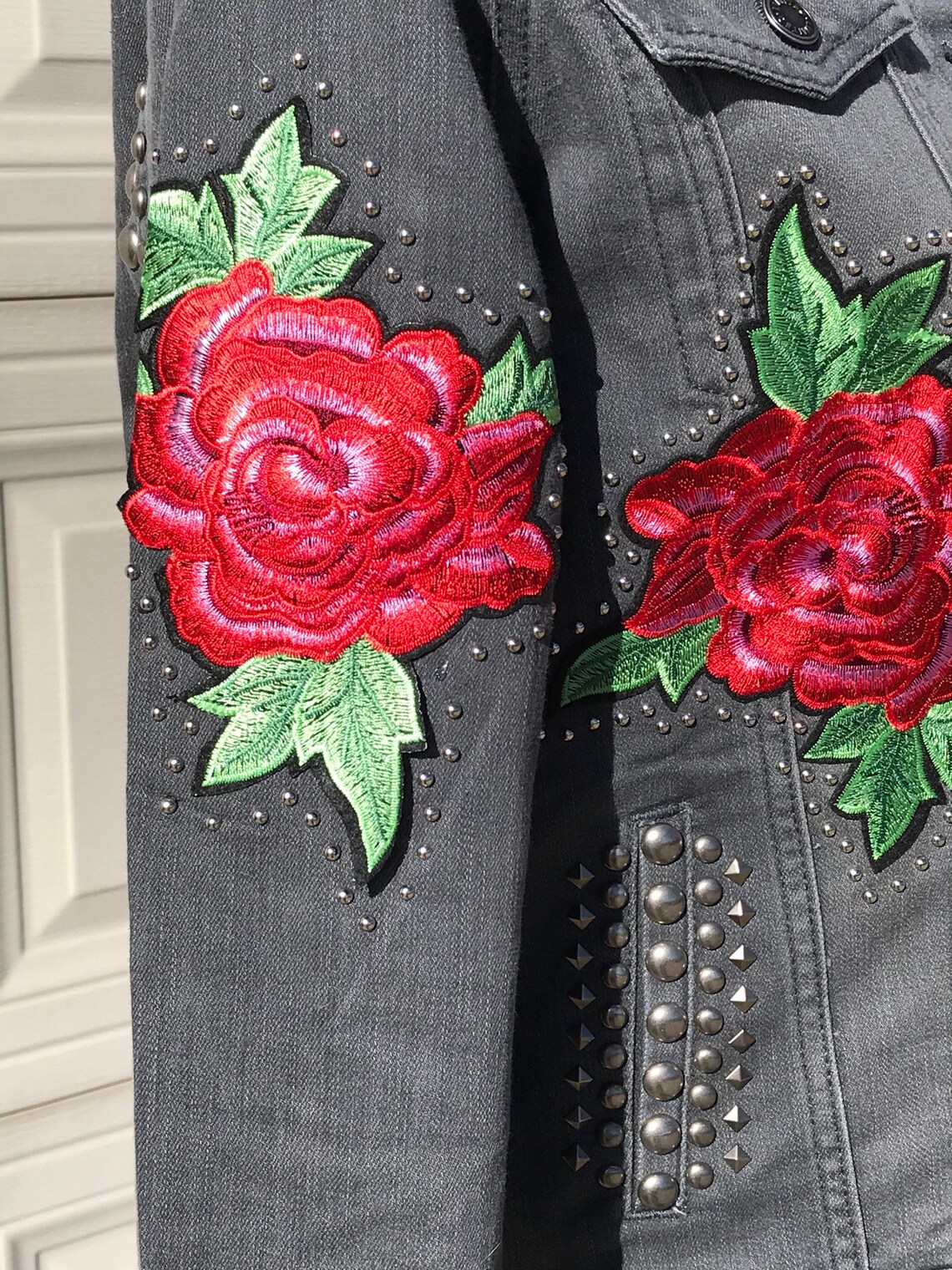 Charcoal Denim Jacket with embroidered red roses Etsy