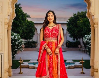 Orange and Magenta Georgette Lehenga with Gold Thread and Mirror Work (Size XL)