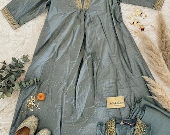 Grey Party Wear Cotton Silk Kurti Siz XL