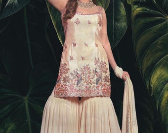 Ivory and Golden Sharara with floral and peacock embroidery