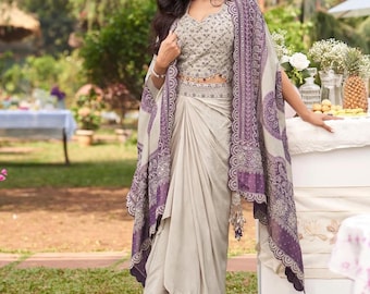 Stylish Gray and Purple Georgette Lehenga