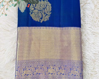 Peacock Blue and Light Lavender Border with semi Golden work kanchipuram Pure Silk