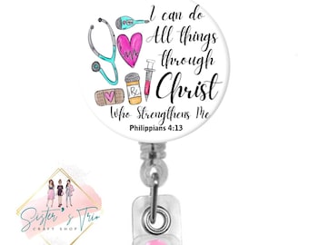 I can do all things through Christ who strengthens me Bible Verse Retractable Nurse Badge Reel, ID Holder, Registered Nurse, Nurse