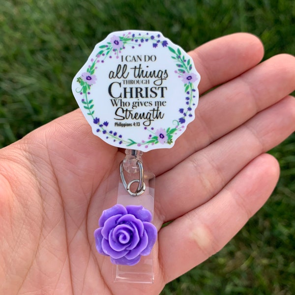 I can do all things through Christ Bible Verse Retractable Badge Reel, Medical/Nursing ID Holder, Bible Quote/Gift