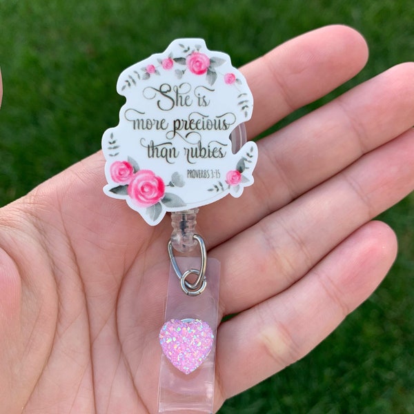 She is more Precious than rubies Bible Verse Retractable Badge Reel, Medical/Nursing ID Holder, Bible Quote, Christmas Gift
