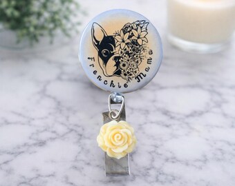 Frenchie Mama Badge Reel: Floral French Bulldog ID Holder