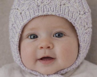 Hand Knit  Baby Hat, Lavender & White, 3-6 months