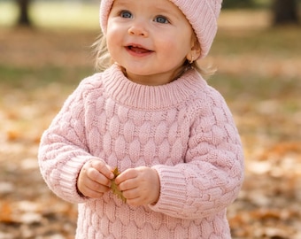 Hand Knit Baby Sweater and Hat Set, Light Pink, 1- 2 years