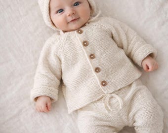 Hand Knit Organic Cotton Baby Outfit Set, Off-White, 0-3 months