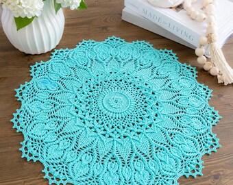 Aqua Crochet Doily, Handmade Cotton Table Centerpiece, 31.5 Inch
