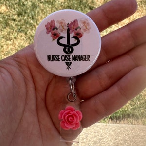 Nurse Case Manager Badge Reel: Floral Caduceus, Retractable ID Holder