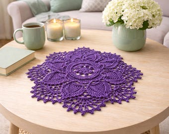 Crochet Doily: Purple Round Mercerized Cotton Centerpiece (15.5 inch)