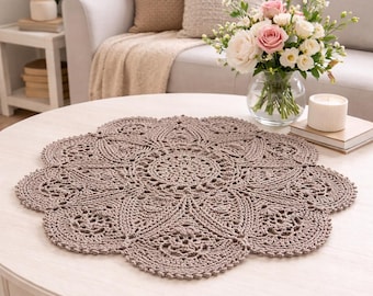 Camel Crochet Round Doily, Handmade Cotton Centerpiece, 24”