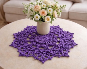 Crochet Doily: Purple Round Mercerized Cotton Centerpiece (13 inch)