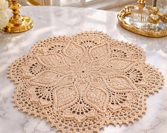 Crochet Doily, Large Round Doily, Nude Lace Crochet Doily, Gift for Her