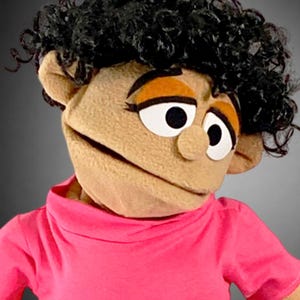 May include: A puppet with tan felt skin, black curly hair, and orange eyeshadow. The puppet has large white eyes with black pupils and a neutral expression. It is wearing a solid pink short-sleeved shirt with a high neckline, covering its torso.