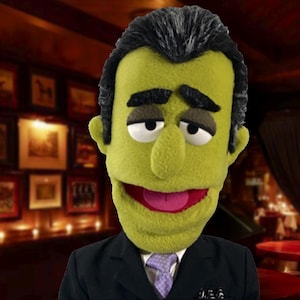 May include: A green puppet head with black hair, eyebrows, and a black suit. The puppet has a pink tongue and a purple tie. The background is a dimly lit room with framed pictures.