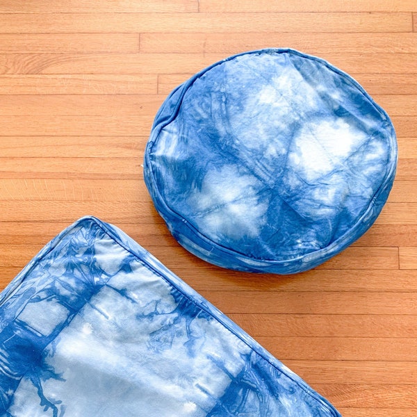 Shibori Bodenkissen/Kleintierbett; 50 cm Rund; Handgefärbter Indigo-Kissenbezug; 100% Baumwolle; Boho-Wohnzimmer; Kinderbodenkissen, Tie Dye