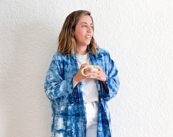 Linen Shibori Robe | Hand-Dyed with Indigo, Unisex Caftan, Jacket, Tie Dye Coverup