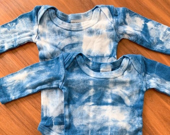 Shibori Indigo Cotton Onsie; Hand Dyed, Blue & White Baby Clothing