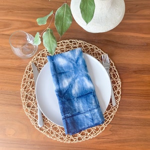 Hand-Dyed Linen Napkin Set of 2; Oversized Shibori Napkins, Dyed with Indigo, Tie Dye Tableware