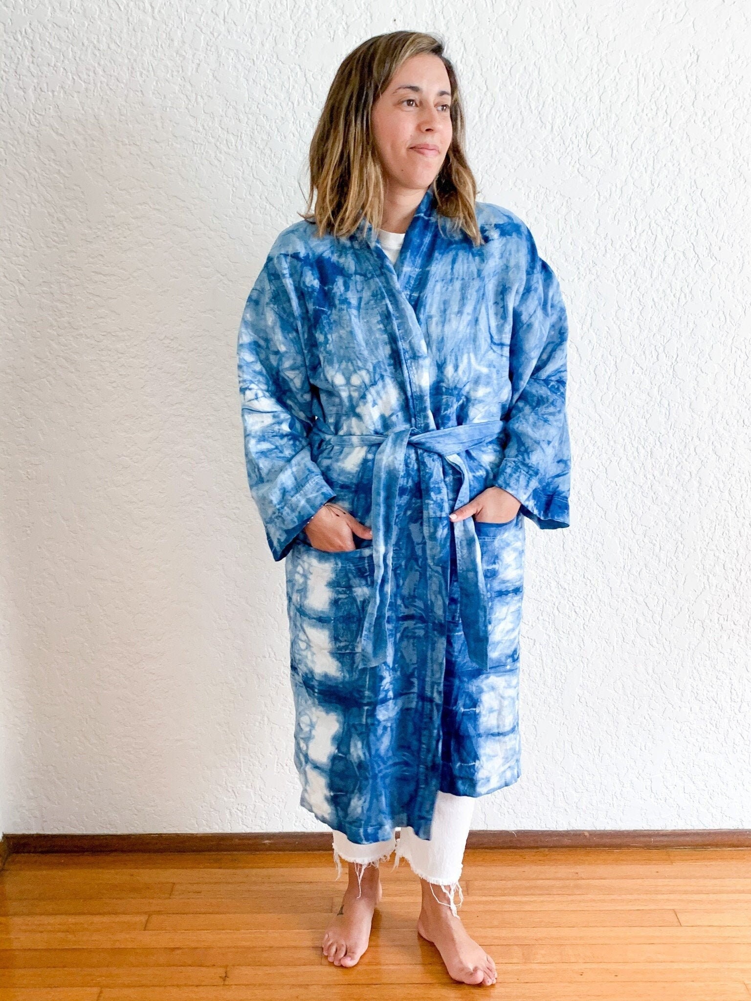 Linen Shibori Robe Handdyed With Indigo Unisex Caftan Etsy Hong Kong