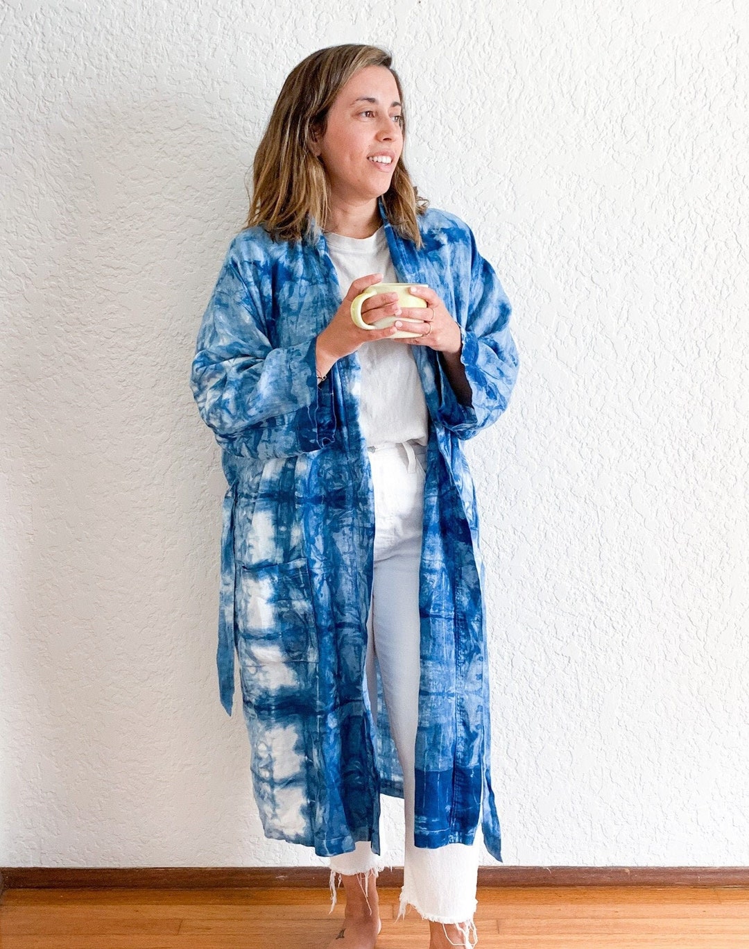 Linen Shibori Robe Handdyed With Indigo, Unisex Caftan, Jacket, Tie