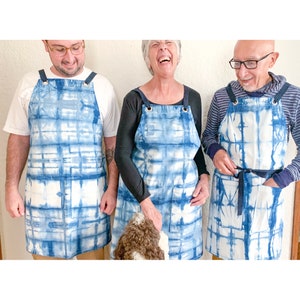 Hand Dyed Shibori Indigo Apron with Large Double Pockets; Unisex, One Size, 100% Cotton, Blue and White Apron for Chef, Artist & More