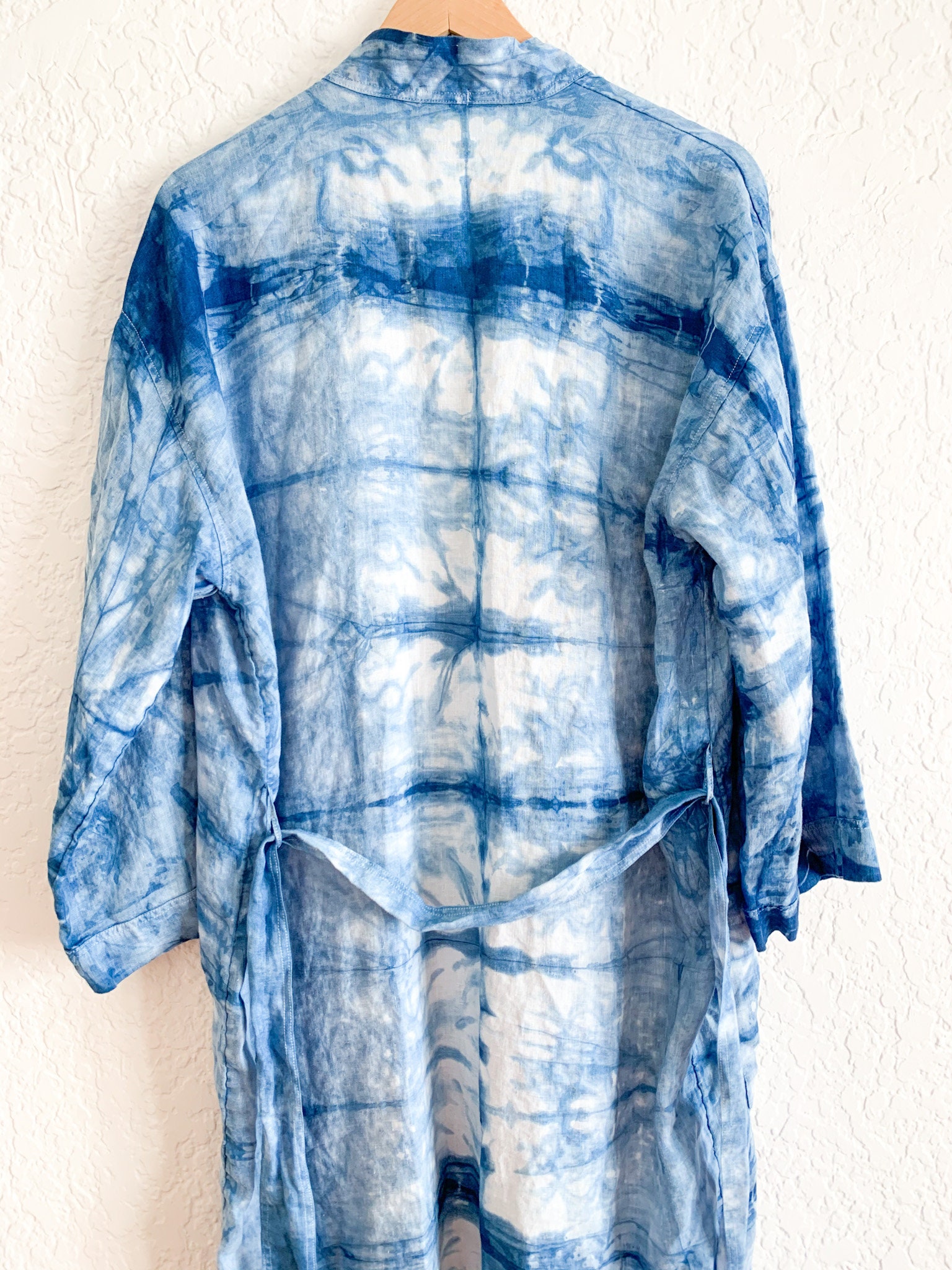 Linen Shibori Robe Handdyed With Indigo, Unisex Caftan, Jacket, Tie