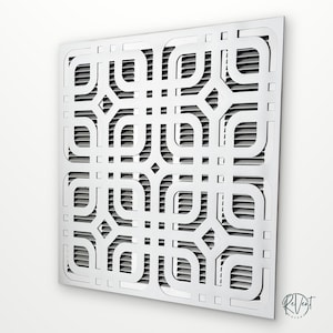 May include: A square white air vent cover featuring a geometric cutout pattern of interlocking rounded squares and diamond shapes. The decorative front panel sits over a series of horizontal grey slats, with the ReVent logo in the corner.