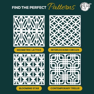 May include: A dark green display featuring four white square panels with distinct cut-out designs labeled Geometric Lattice, Interlocking Circles, Blooming Star, and Contemporary Trellis. The text FIND THE PERFECT Patterns and a ReVent Covers logo appear at the top.