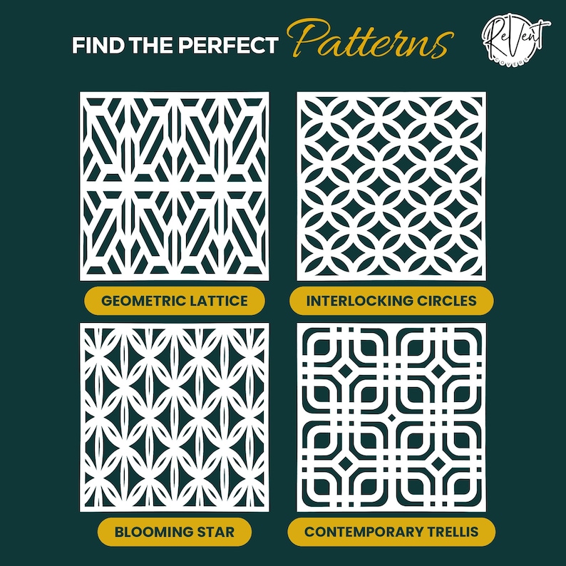 May include: A dark green display featuring four white square panels with distinct cut-out designs labeled Geometric Lattice, Interlocking Circles, Blooming Star, and Contemporary Trellis. The text FIND THE PERFECT Patterns and a ReVent Covers logo appear at the top.