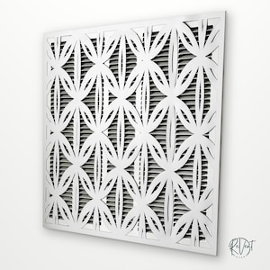 May include: A square white air vent cover featuring a repeating geometric pattern of intersecting circles and ovals. The decorative front panel is layered over a dark grey slatted grille. The text ReVent COVERS is visible in the bottom right corner.