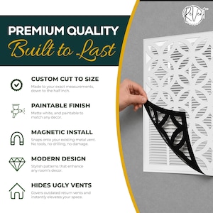 May include: A white rectangular magnetic vent cover featuring a decorative circular geometric pattern. The cover is partially peeled back to reveal a black underside. Text on the image includes Premium Quality Built to Last, Custom Cut to Size, Paintable Finish, Magnetic Install, Modern Design, and Hides Ugly Vents.