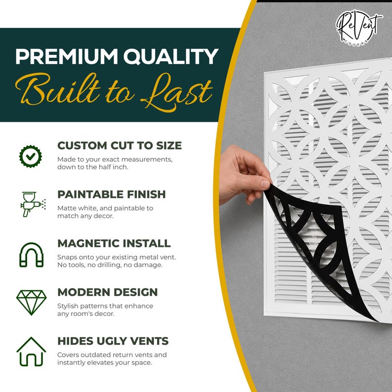 May include: A white rectangular magnetic vent cover featuring a decorative circular geometric pattern. The cover is partially peeled back to reveal a black underside. Text on the image includes Premium Quality Built to Last, Custom Cut to Size, Paintable Finish, Magnetic Install, Modern Design, and Hides Ugly Vents.