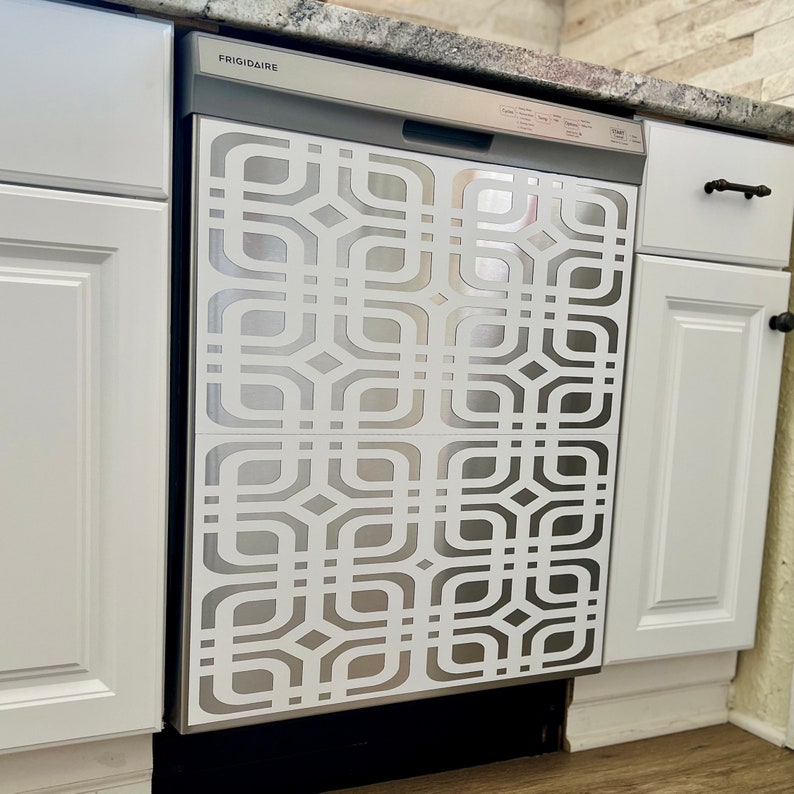 May include: A white dishwasher with a geometric pattern on the front. The dishwasher is made by Frigidaire.