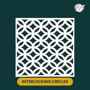 May include: A square white panel featuring a repeating pattern of interlocking circles that create diamond-shaped negative spaces. The design is set against a dark teal background with the text "REVENT" in the corner and "INTERLOCKING CIRCLES" below.