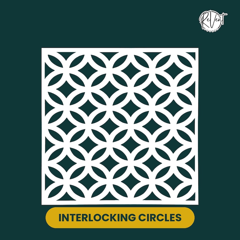 May include: A square white panel featuring a repeating pattern of interlocking circles that create diamond-shaped negative spaces. The design is set against a dark teal background with the text "REVENT" in the corner and "INTERLOCKING CIRCLES" below.