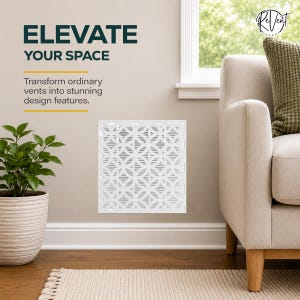 May include: A square white air vent cover featuring a repeating geometric circle pattern mounted on a wall. The text ELEVATE YOUR SPACE and Transform ordinary vents into stunning design features is printed in dark blue and grey on the wall.