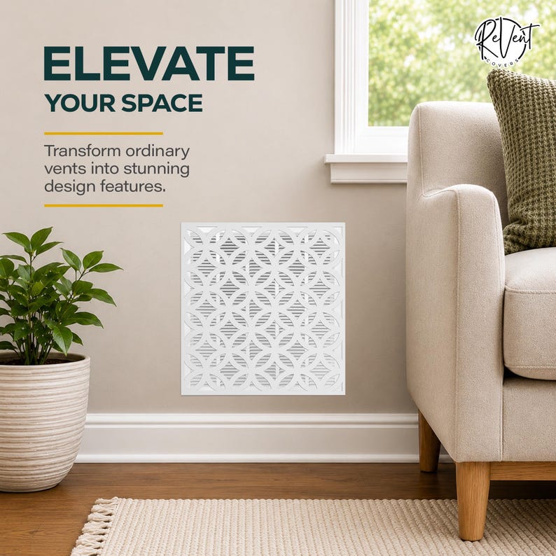 May include: A square white air vent cover featuring a repeating geometric circle pattern mounted on a wall. The text ELEVATE YOUR SPACE and Transform ordinary vents into stunning design features is printed in dark blue and grey on the wall.