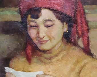 Qian Original Oil Painting Portrait Of "Lady With Letter And Cat In Lap"