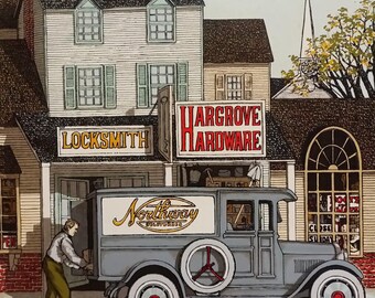 H. Hargrove "Hargrove Hardware Store Scene" Lithograph Art Print On Canvas (Vintage)