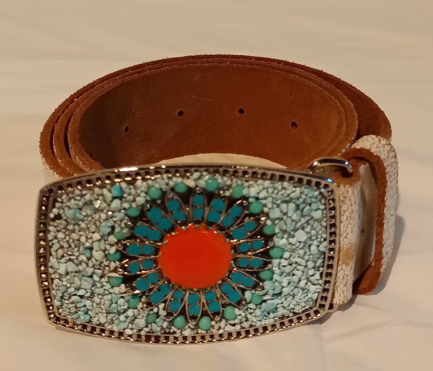 Streets Ahead Leather Turquoise Belt Buckle Belt - Etsy display picture 1