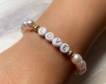 PINK PEARLS LOVE |  valentines bracelet, galentines gift, valentines gift for her, pink pearls, pink pearl bracelet, love bracelet